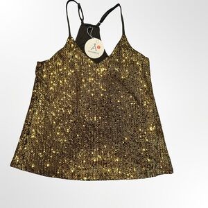 ANRABESS Gold‎ Sequin Cami Tank Top Adjustable Straps Size Small